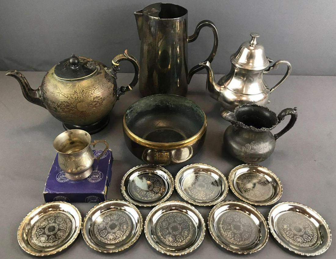 14 piece group assorted metal teapots, coasters, and (1 of 15)