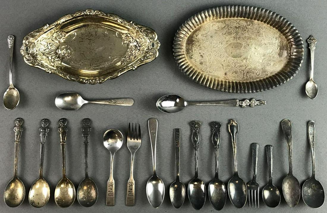 Group of 20+ Stainless and silver plate pieces: Includes Campbell Soup Spoon, Rolex Souvenir Spoon, Small Tray and More. Largest measures 9x5x1 inch.