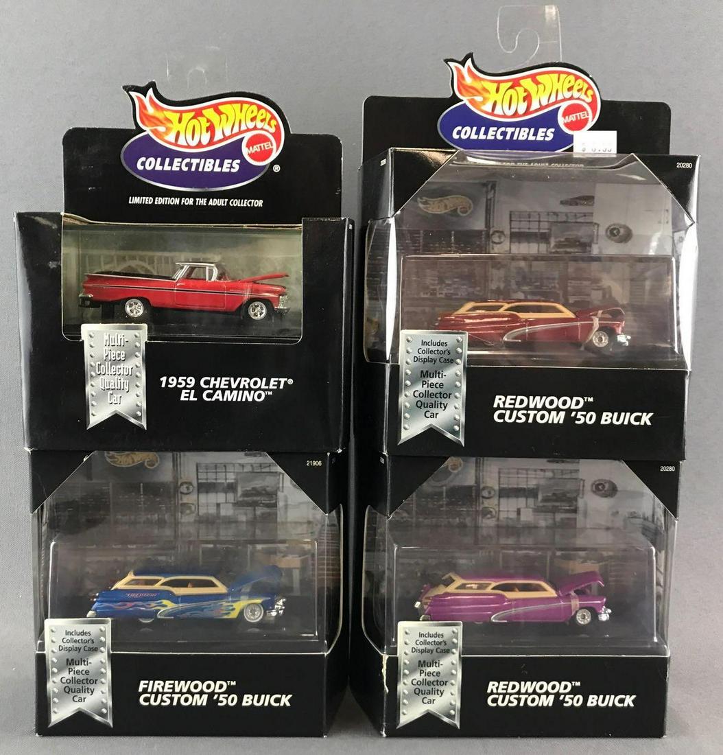 Group of 4 Hot Wheels Collectibles die-cast vehicles in: New in original packaging, includes 1959 Chevrolet El Camino, Firewood Custom 50 Buick, and (2) Redwood Custom 50 Buick. Small tear on packaging of Purple Buick