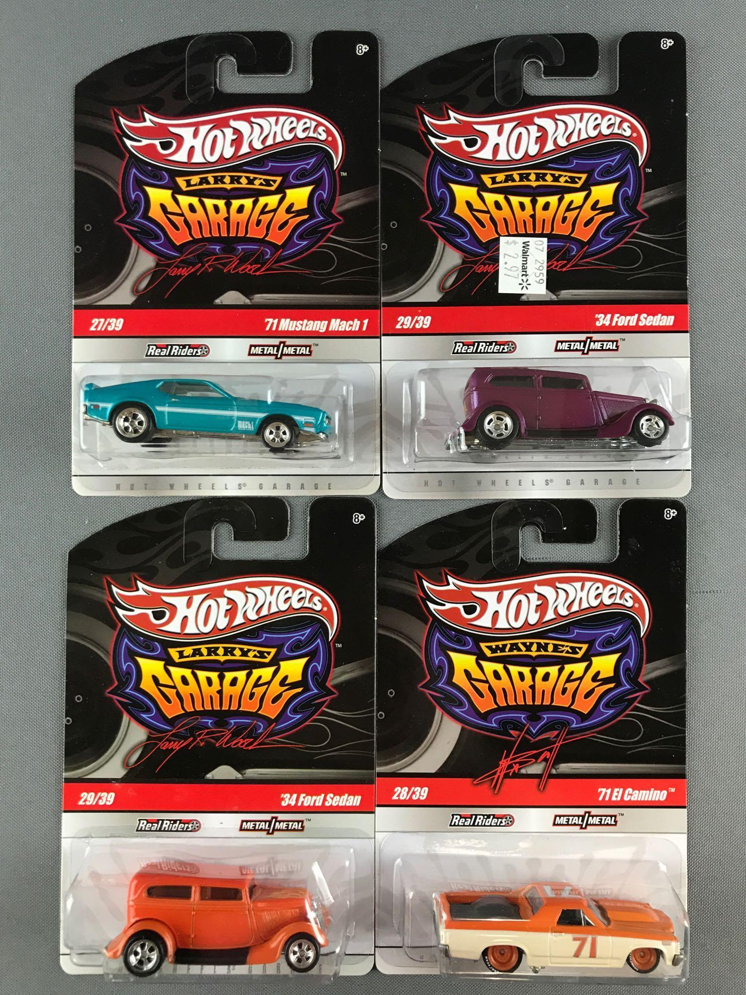 Group of 4 assorted Hot Wheels Garage die-cast vehicles: Includes Waynes Garage 71 El Camino and Larrys Garage 71 Mustang Mach 1 and (2) 34 Ford Sedan