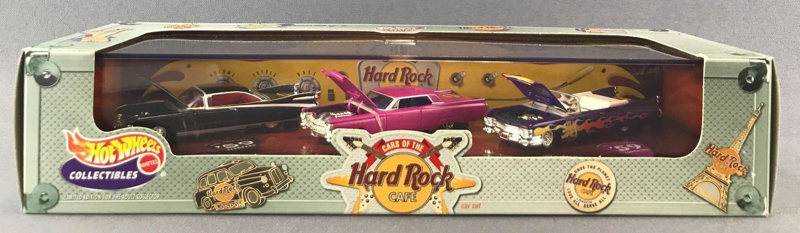 Hot Wheels Collectibles Cars of the Hard Rock Cafe: Cool Classics Series 2. 59 Eldorado, 63 Coupe DeVille and 59 Convertible. Some minor wear to box. 11.75x4x2.5 inches