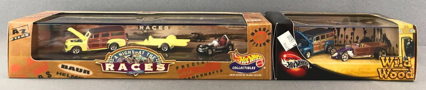 Group of 2 Hot Wheels die-cast vehicle sets in original: Hot Wheels Collectibles A Night at the Races-Cool Classics Series 2 and 100% Hot Wheels Wild Wood. Some minor wear to boxes. Largest is 11.75x4x2.5 inches