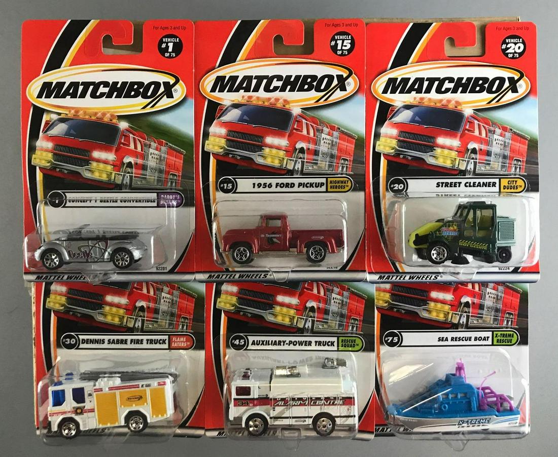 Group of 70+ Matchbox die-cast vehicles in original: Includes Moby Quick, Street Cleaner, 1999 Ford Mustang Coupe, and more. Some minor wear to packaging