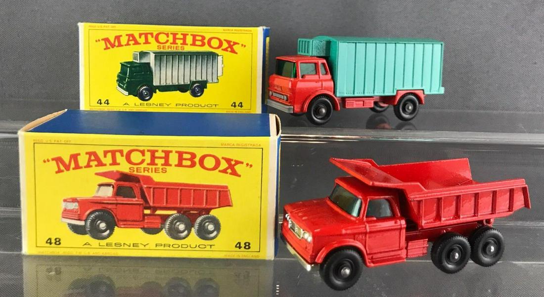 Group of 2 Matchbox die-cast vehicles with original: No. 44 Refrigerator Truck and No. 48 Dodge Dumper Truck. A Lesney Product. Made in England