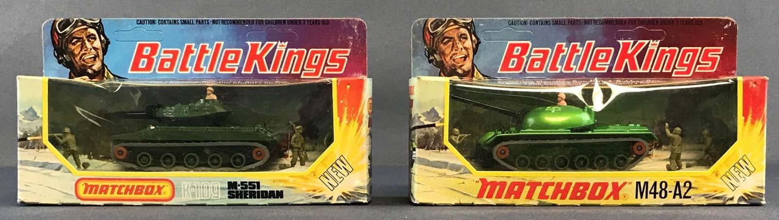 Group of 2 Military Matchbox Battle Kings die-cast: Includes K-109 M-551 Sheridan Tank and K-102 M-48-A2 Tank. Packaging shows wear consistent with age.