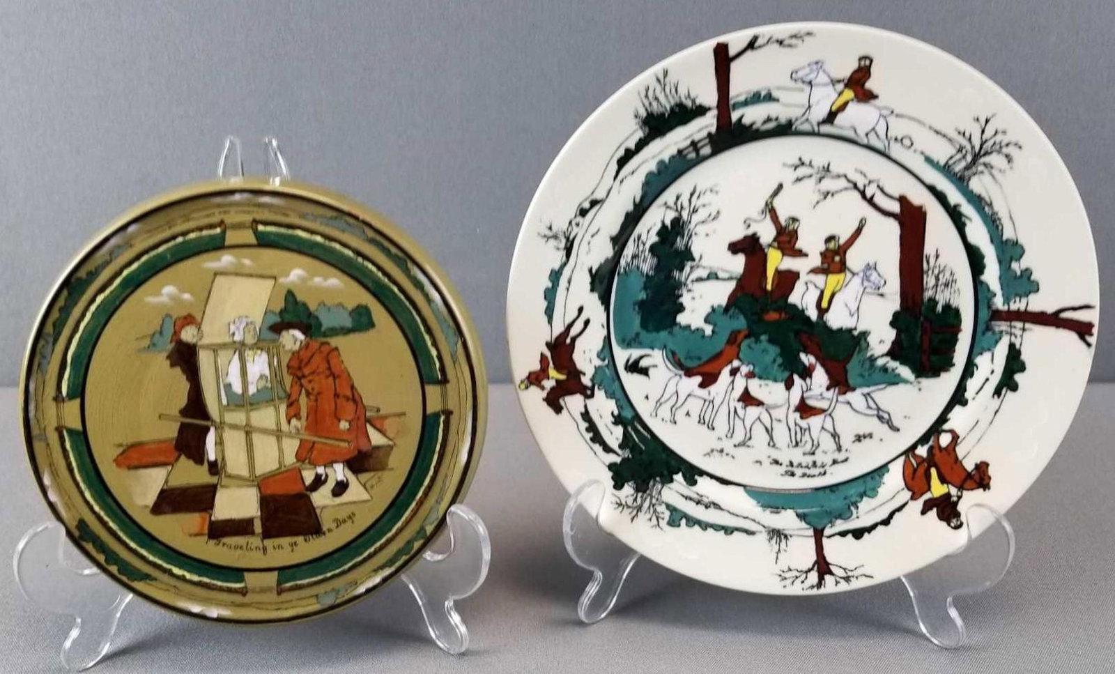 Group of 2 antique Buffalo Pottery pieces: Smaller trivet, deldare ware, 1908. Signed. Larger plate is 8 inches. No chips or cracks