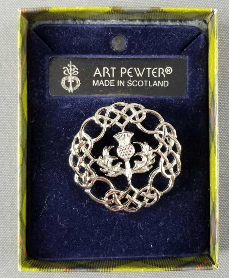 Art pewter thistle pin: Made in Scotland. 1.5 inch diameter