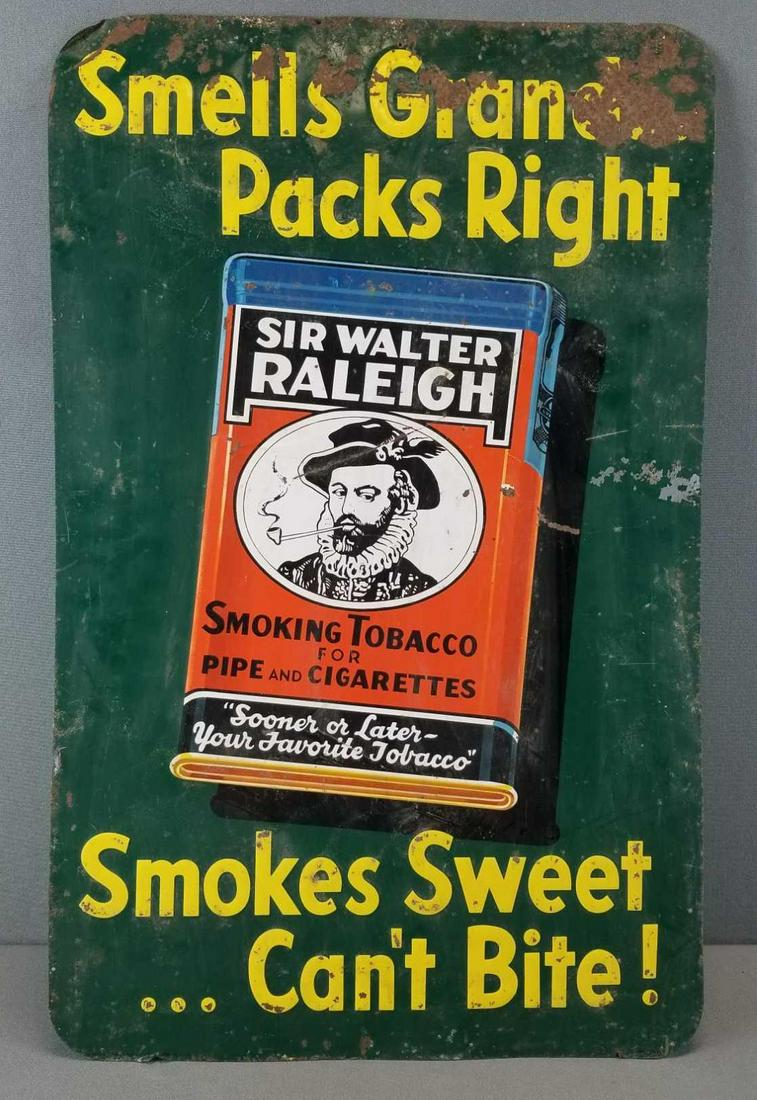 Vintage Sir Walter Raleigh smoking tobacco sign: Tin advertising sign. Weathered and worn. 16.5 x 26 inches