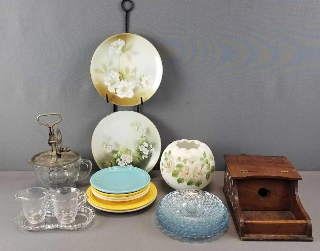 Group of fiestaware, glass, plates and more: Decorative plates are RS Germany, candlewick glass, fostoria