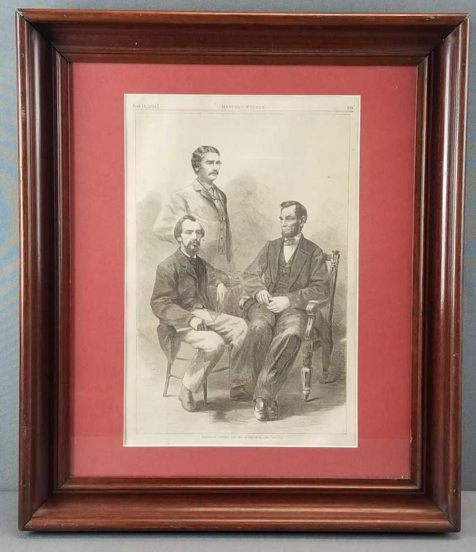 Framed antique Harpers Weekly Abraham Lincoln etching: President Lincoln and his secretaries, dated June 11, 1864. Frame size 18.25 x 21 inches, page is 10 x 15.