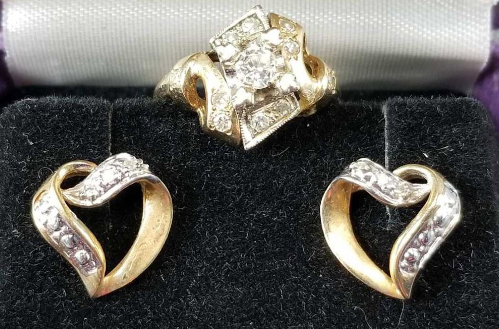 14k gold and diamond ring and 10k gold earrings: Total weight 6g, size 5.5
