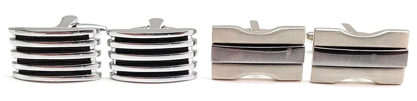 Lot of 2 Pairs : Silver Bullet Back Cufflinks: Satin finish w/ bold center titanium center stripe 1/2 x 3/4; and a textured, slotted five-bar design 3/8 x 3/4