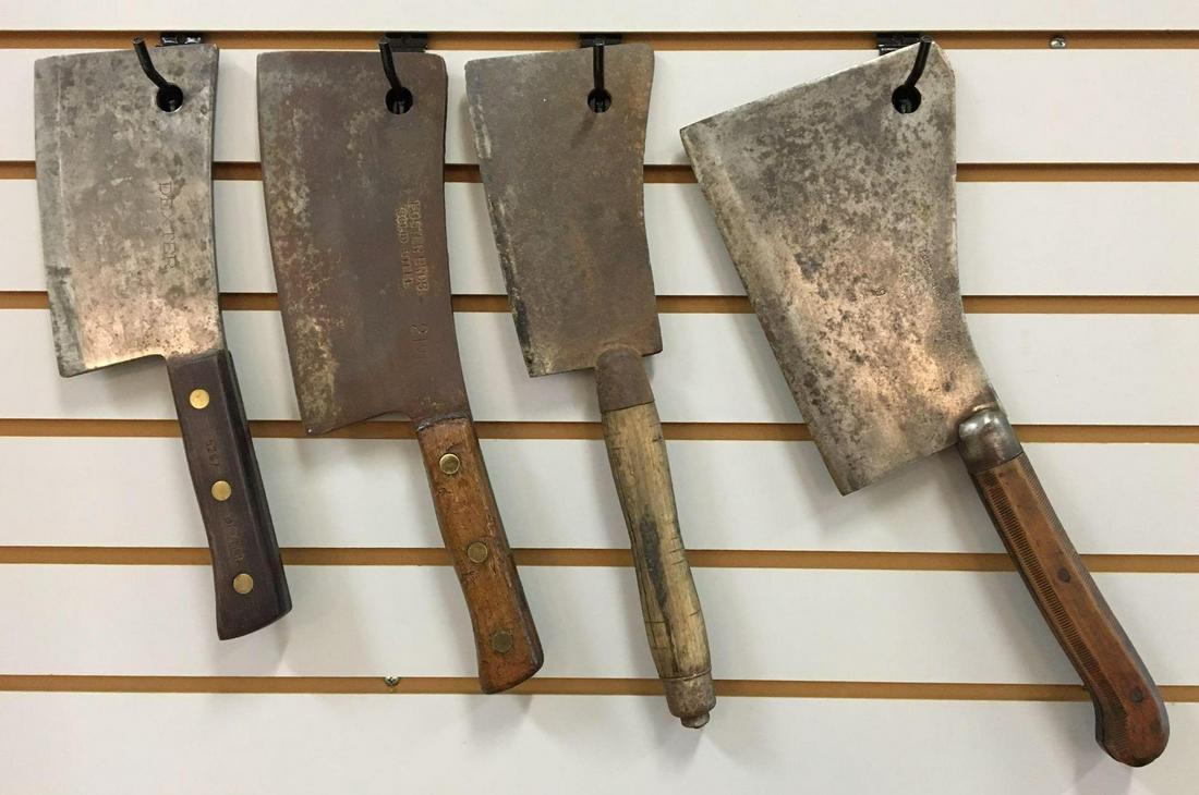 Group of 4 Antique Butcher Knives/Meat Cleavers -: Largest is 17 inches long with a 9 inch blade; smallest is 14 inches long with a 7 1/2 inch blade