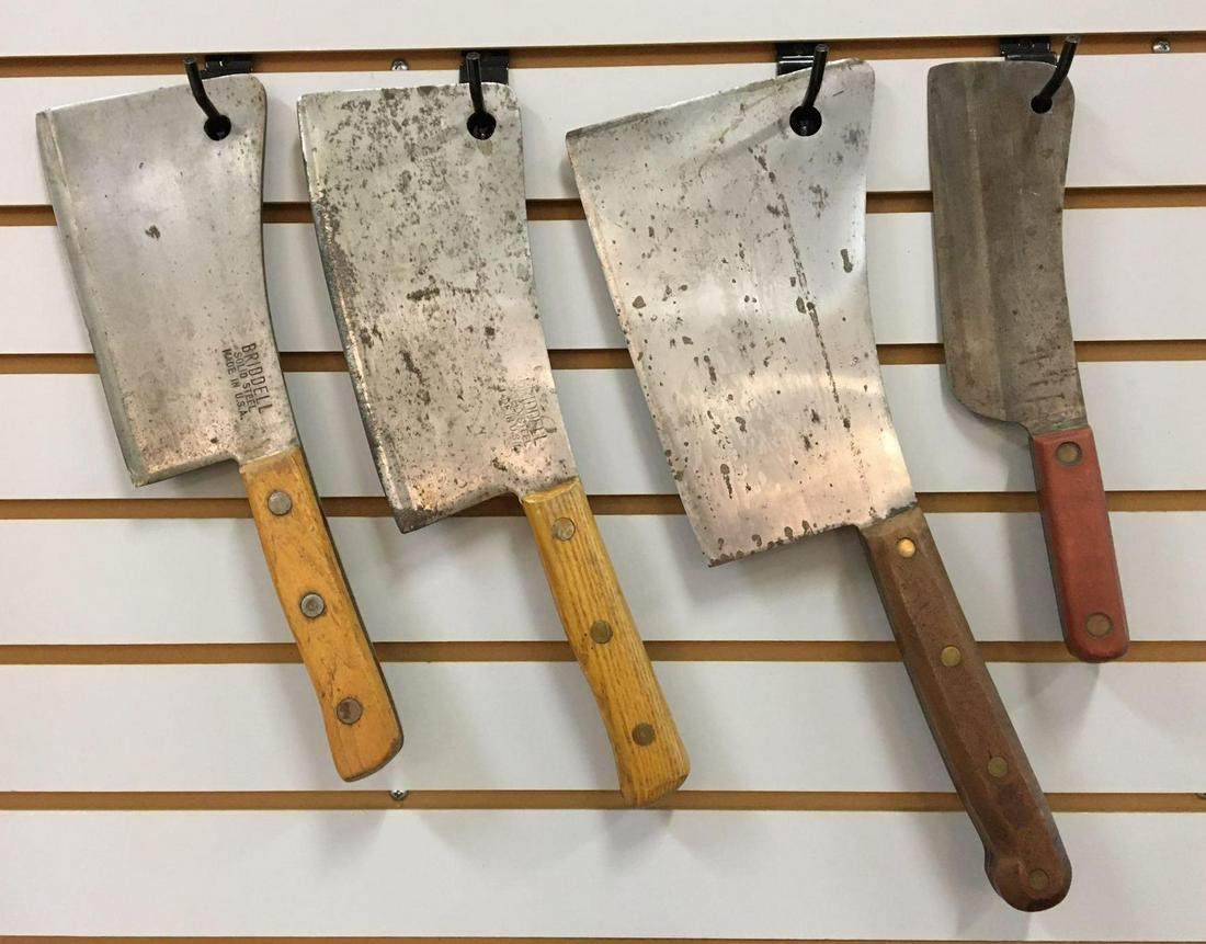 Group of 4 Antique Butcher Knives /Meat Cleavers -: Largest is 17 inches long with a 9 inch blade; smallest is 12 inches long with a 7 inch blade