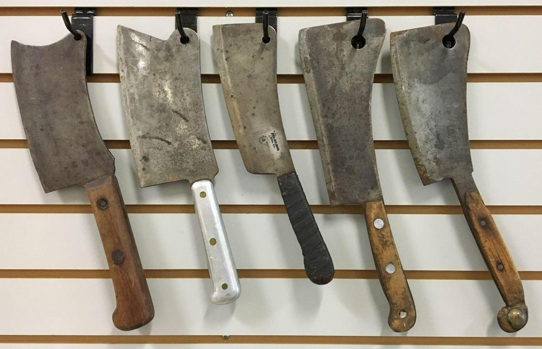 Group of 5 Antique Butcher Knives/Meat Cleavers: Largest is 14 1/2 inches long with an 8 inch blade; smallest is 12 1/2 inches long with a 7 inch blade