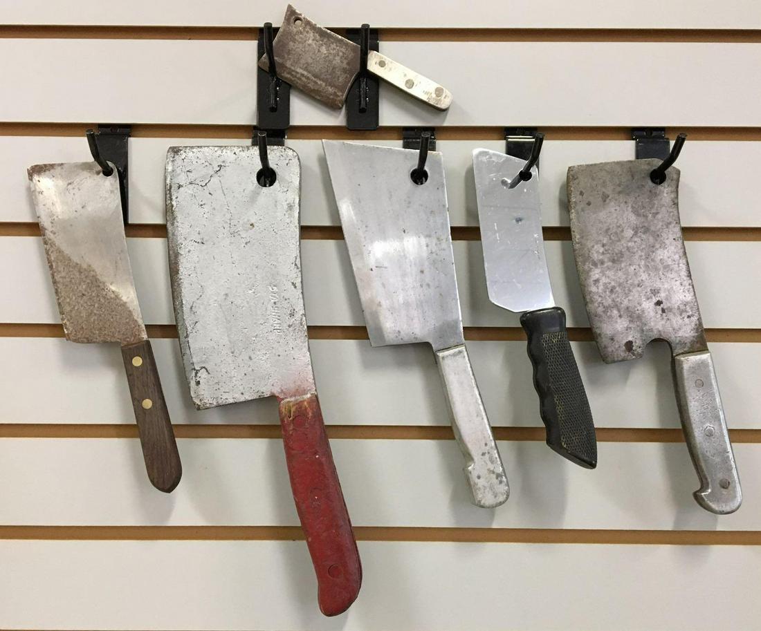Group of 6 Antique/Vintage Butcher Knives/Meat Cleavers: Largest is 14 inches long with an 8 inch blade; smallest is 6 inches long with a 3 inch blade