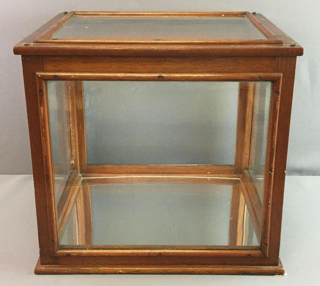 Antique Wood and Glass Tabletop Showcase: 17 x 16 x 15 1/2 inches - mirrored bottom, missing one piece of glass