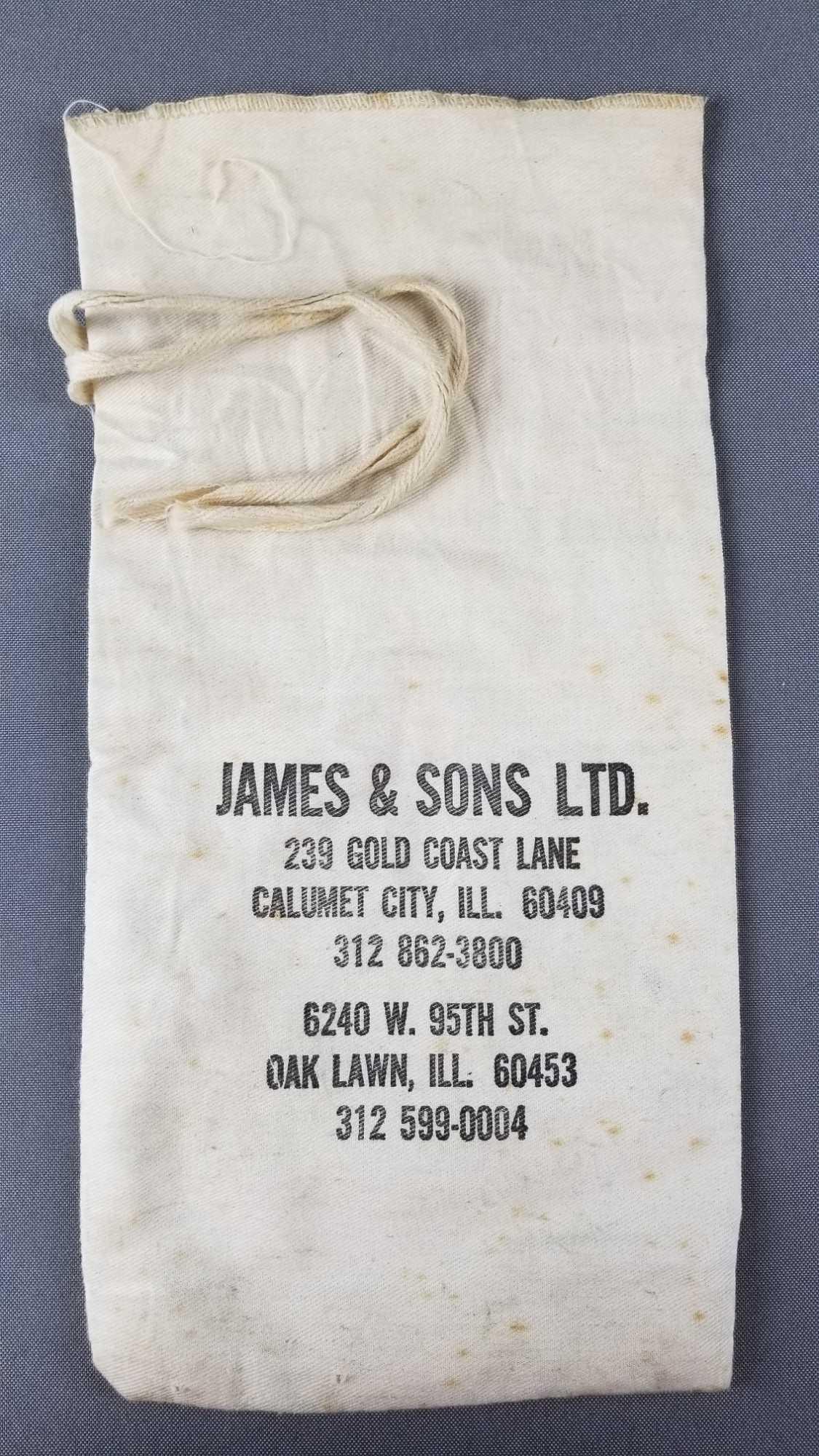 James & Sons Ltd canvas money bag: 6.5 x 13 inches. Some stains.