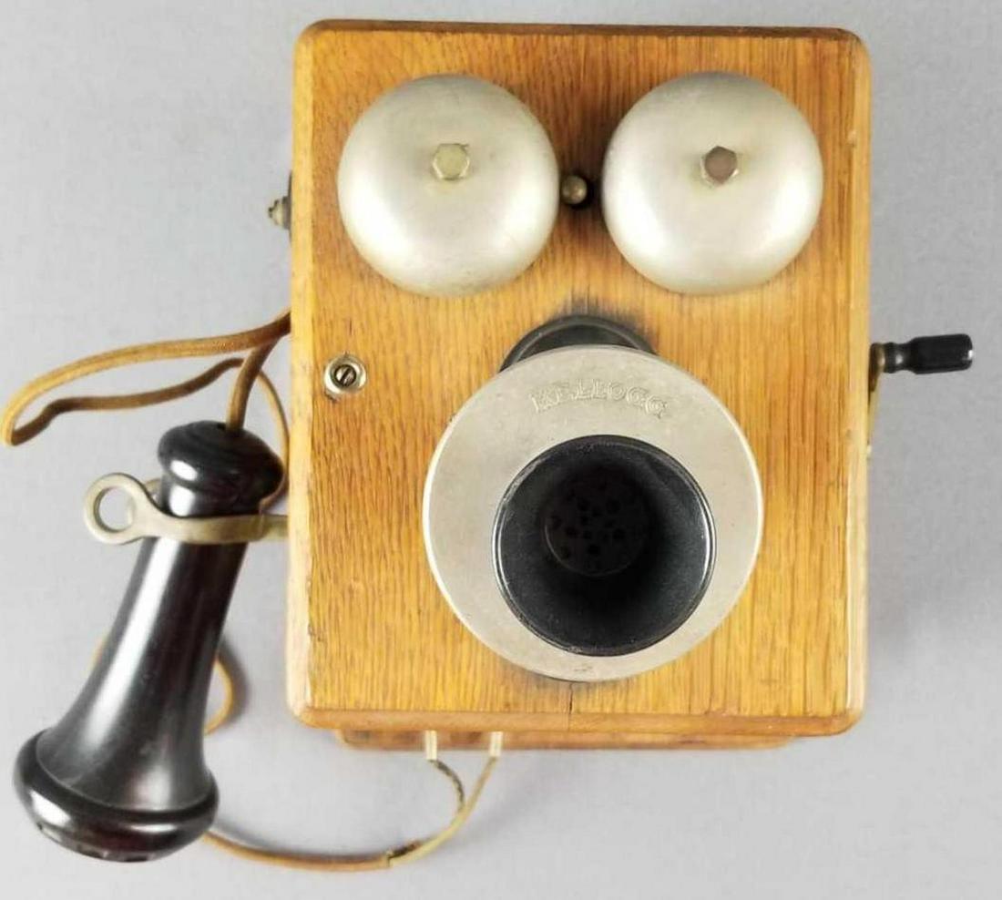 Antique hand crank wall mount telephone: Made by Kellogg. Crank works. 11 x 10