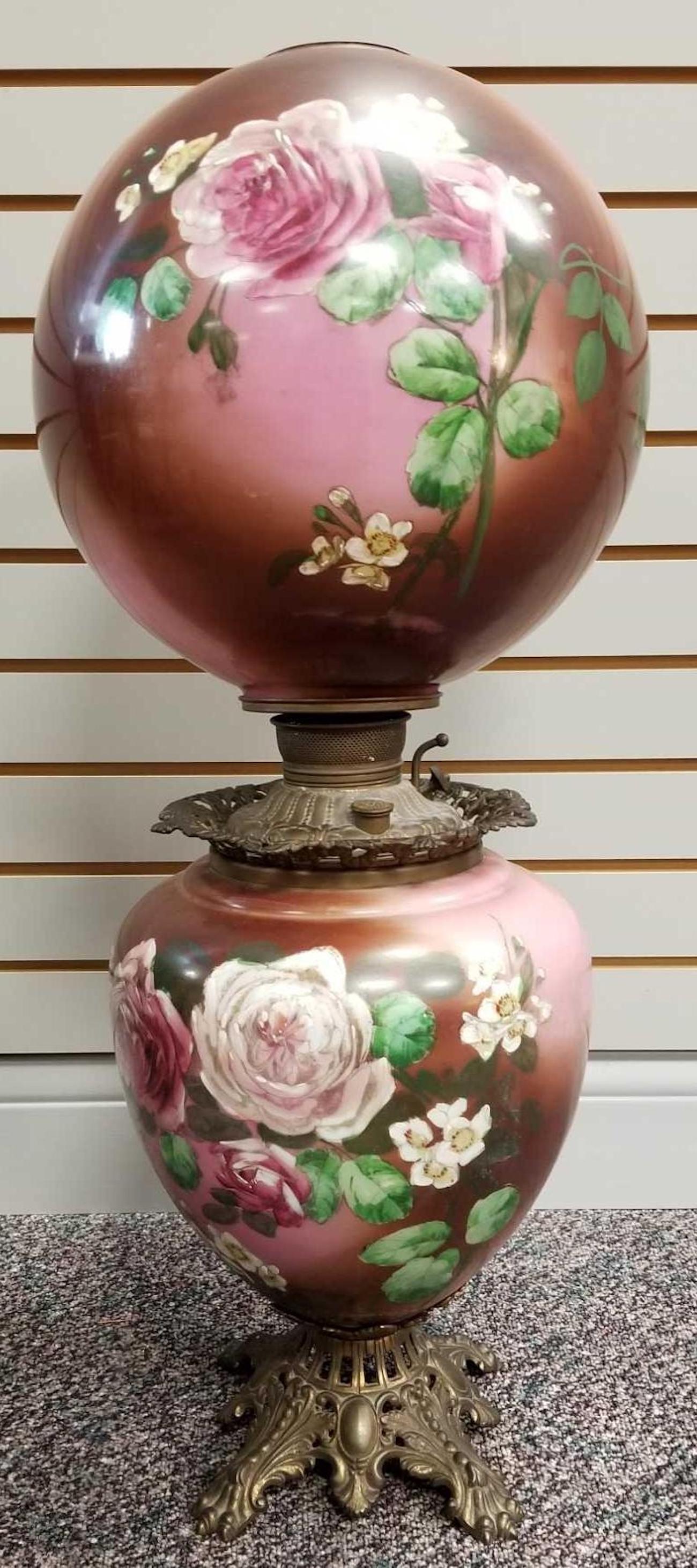 Antique hand painted gone with the wind lamp: no chimney. Stands 30 inches tall.