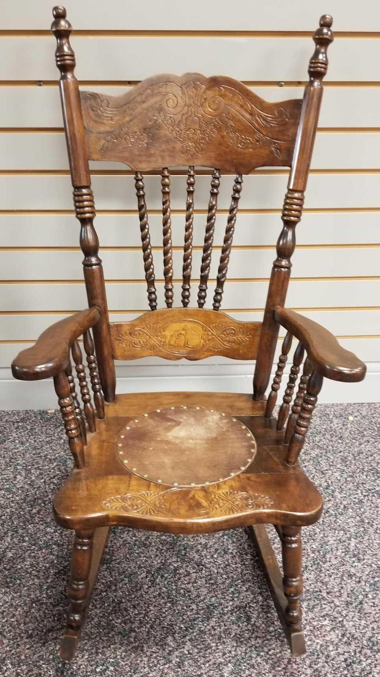 Vintage wooden child size rocking chair: Chair seat and back feature cats. 19.5 x 34.5. No shipping available. Has a few drippy finish issues.