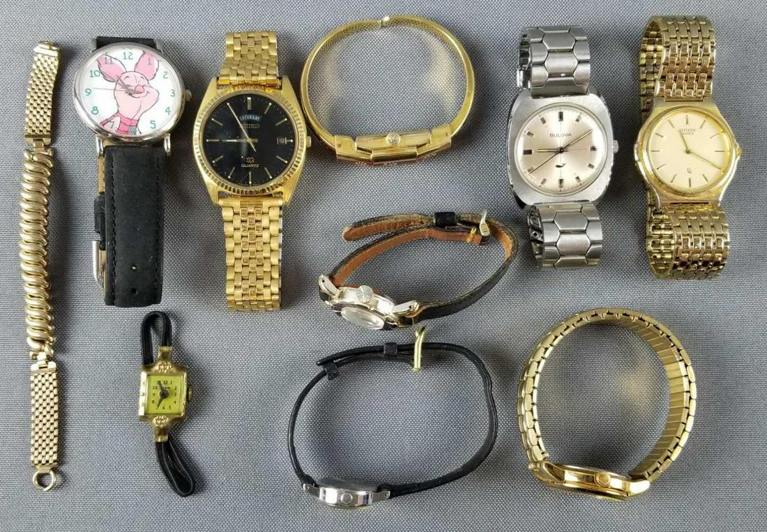Group of vintage wristwatches and bands: Includes Seiko, Bulova, Citizen, and more. Need repair.