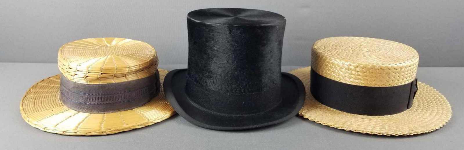 Group of 3 vintage mens hats: Beaver top hat by Chase Hatters, 2 straw skimmer hats. Hopkins, sold at Bills hat shop in Aurora IL. Top hat has some damage