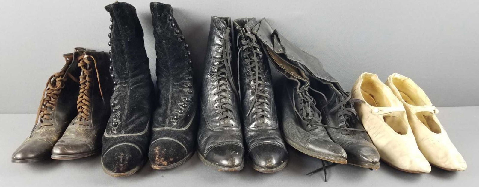 5 pair of antique womens boots and shoes: All show wear from age and use