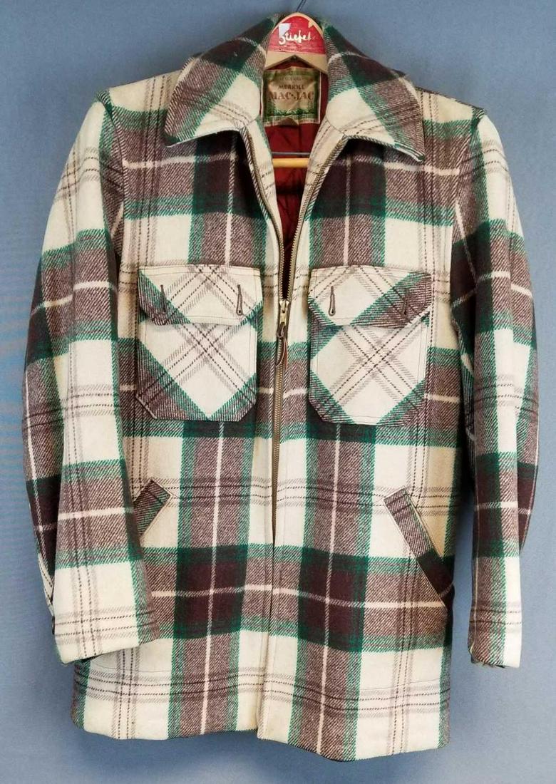 Vintage Merrill wool plaid coat: Size 36. Minimal wear. Tan with brown and green