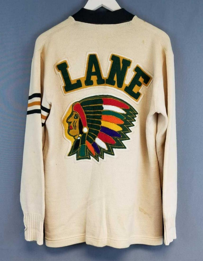 Vintage Lane technical high school varsity cardigan: Some stains, size 44. Has a couple of small repairs. Name sewn on inside pocket
