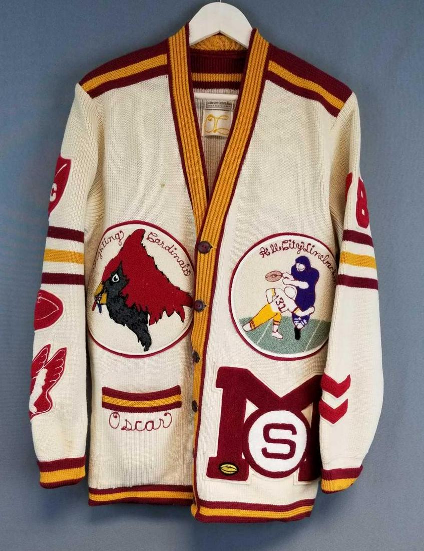 Vintage high school letterman sweater: Fighting cardinals, football, track patches. Name embroidered on pocket.
