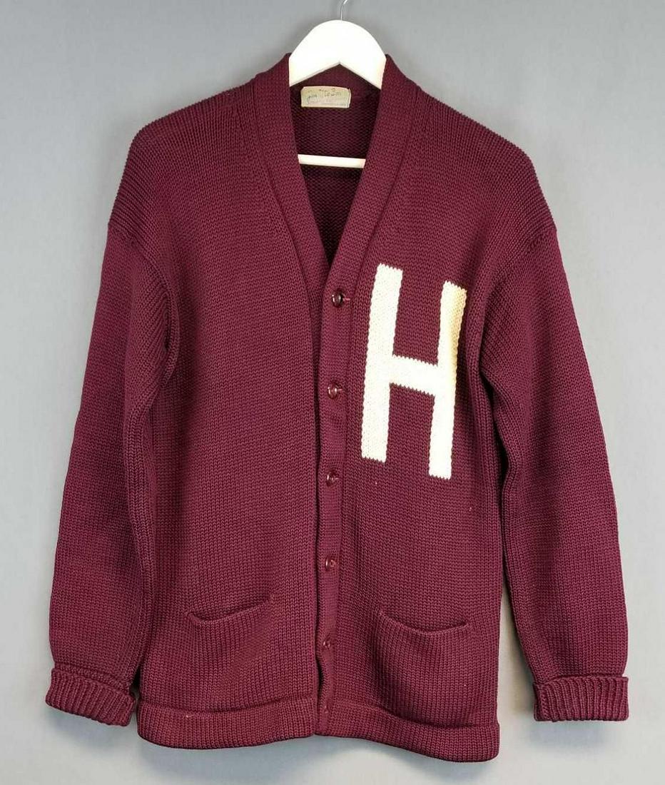 Vintage college cardigan sweater: Possibly Harvard Maroon with H. Minimal wear.
