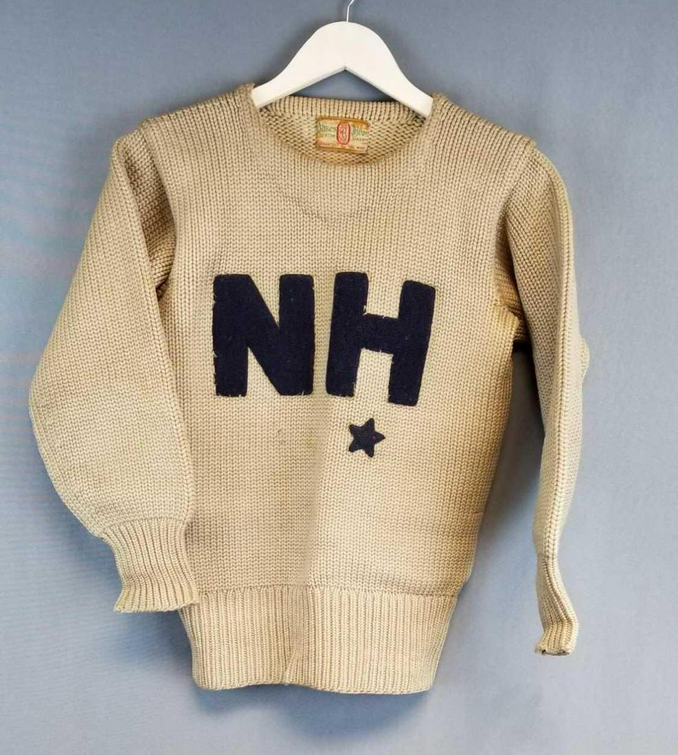 Vintage Oakes Brothers college sweater: Tan with navy blue letters. Some stains. New Hampshire?