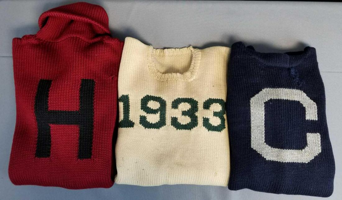 Group of 3 vintage letterman varsity sweaters: No patches, letters and numbers are knitted in. All have wear, stains, or holes.