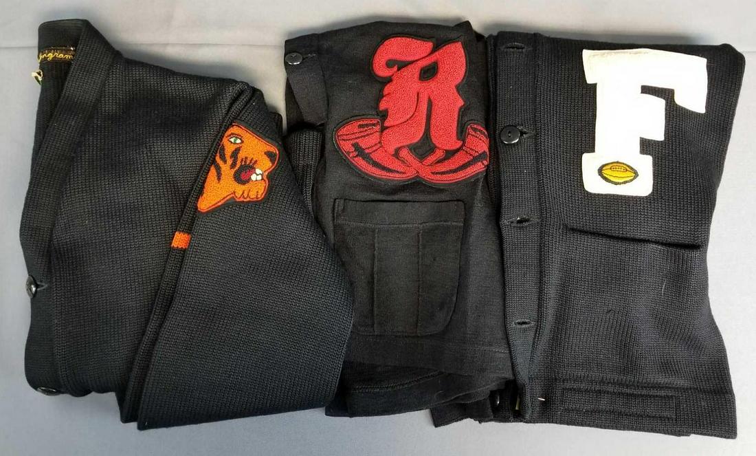 Group of 3 vintage letterman varsity sweaters: Black, cardigans. All have wear, stains, or holes