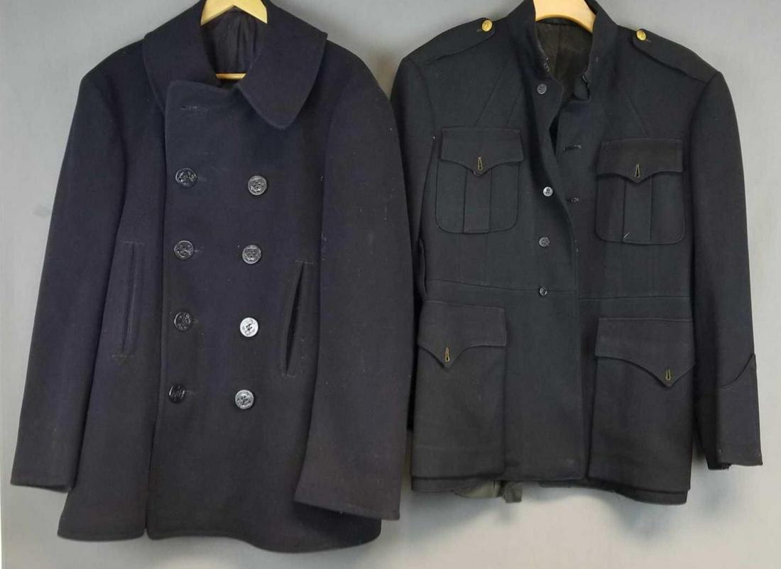 2 vintage US Navy jackets: Navy blue pea coat, black dress jacket. Both need cleaned, have some wear or repairs. Medium sizes