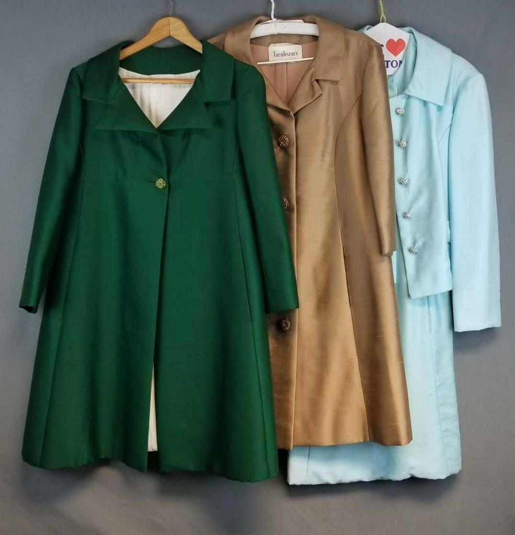 Group of 3 vintage womens coats and suit: Green and brown coats, light blue suit. All have jeweled buttons.