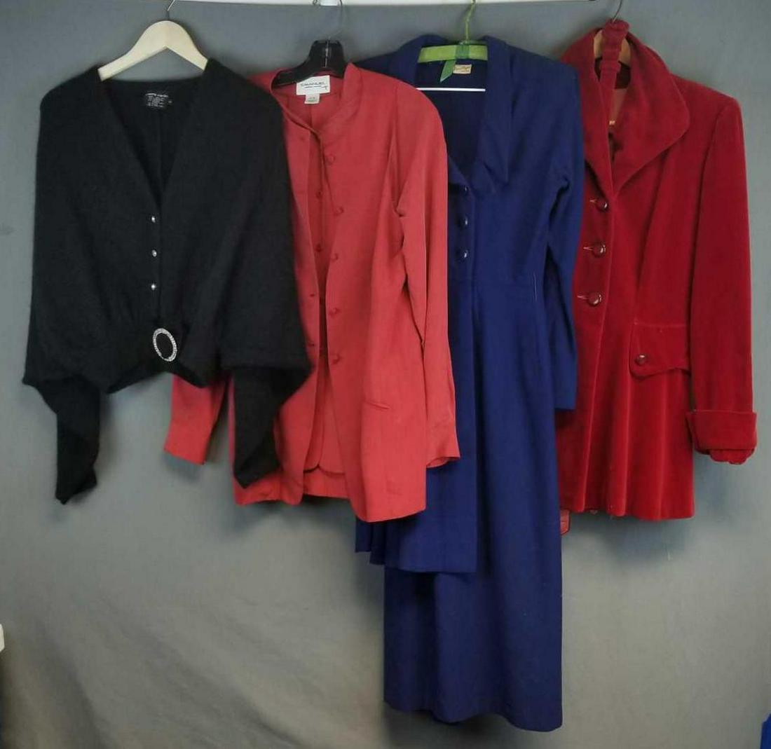 Group of womens vintage clothing: Pierre Cardin sweater, Carol vogue blue dress, Emanuel Ungaro 2 pc set. Need cleaning.