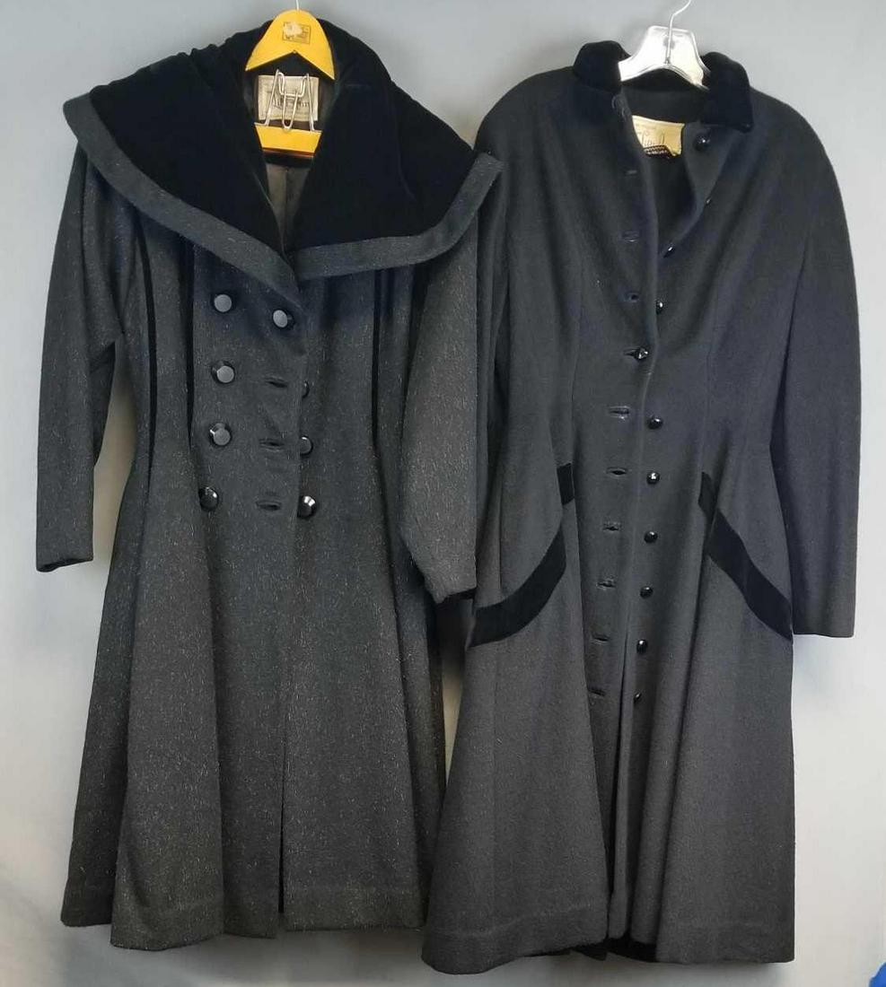 2 vintage Lilli Ann of San Francisco coats: Princess coat, flecked black with black velvet trim. Swing coat is black with black velvet trim. Need cleaning. Measurements of princess coat, shoulder to shoulder 15, outer sleeve 22, length 44.