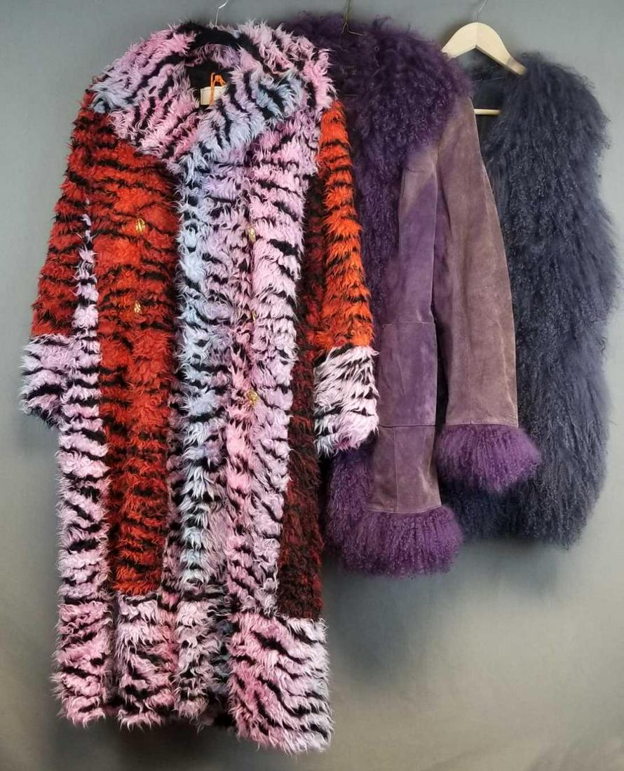 Group of 3 womens coats and vest: Lamb fur, leather. Kenzo h&m long colorful coat size 12.