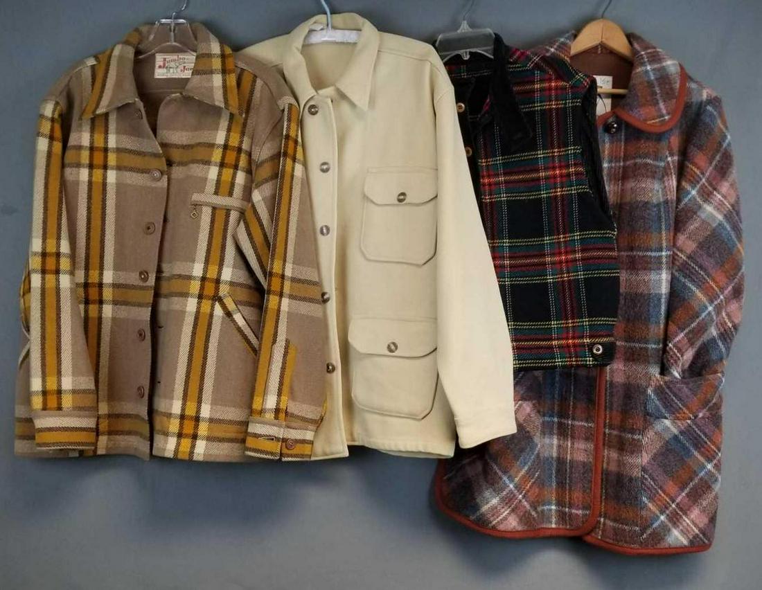 Group of 4 vintage outerwear: Womens coat. Mens vest and wool jackets