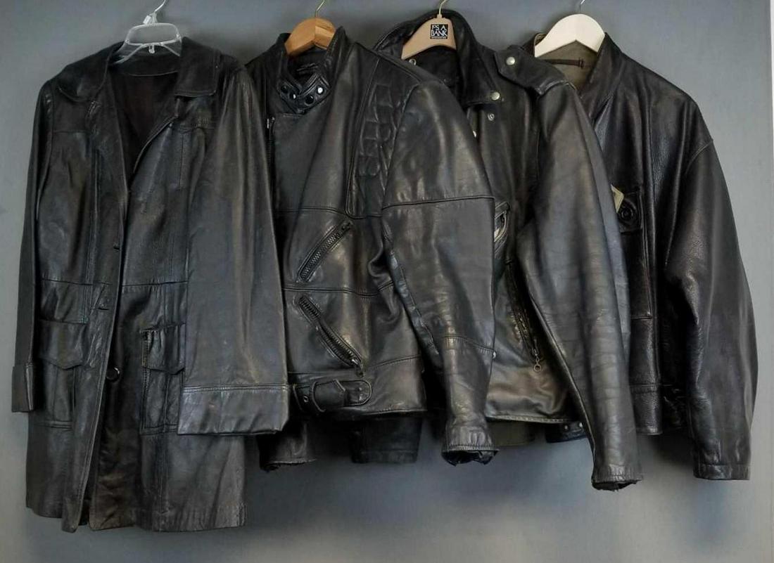 Group of 4 black leather jackets: Some wear and damage. One Harley Davidson.