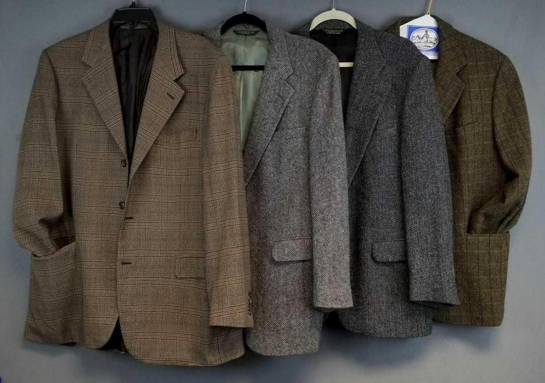 Group of 4 vintage suit jackets: 3 tweed. Brioni, Karolls, Magee of Ireland