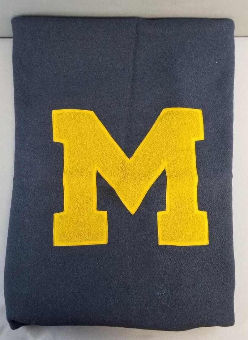 Vintage Michigan stadium blanket: Navy blue and gold with M. 51 x 77 inches
