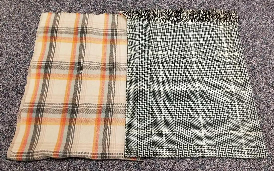 2 vintage wool throw blankets: Tan one has some stains. Both measure approximately 60 x 80