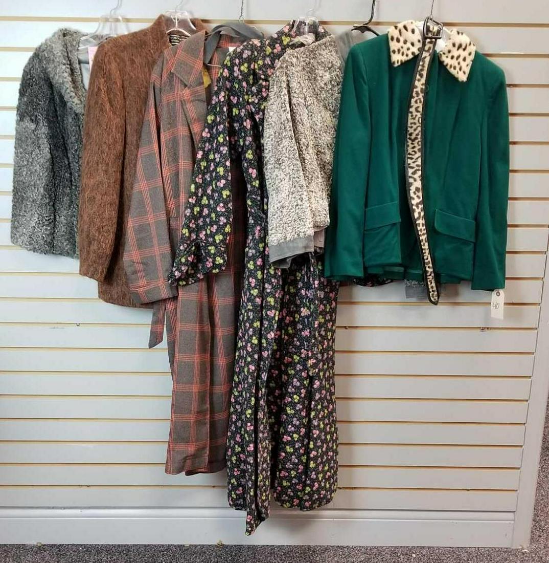 Group of vintage ladies clothing: Jackets, housecoat, sweaters. Most are vintage. These items came from a film set and possibly have been tailored or modified.