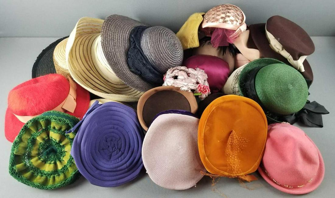 Group of 20+ vintage hats: Various styles and colors. Some show wear.