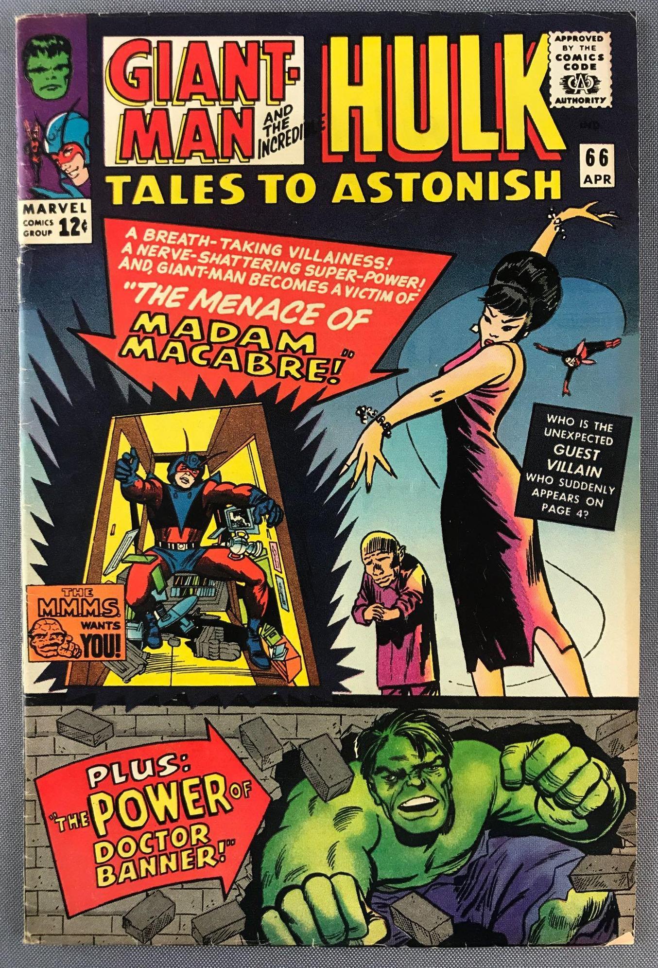 Marvel Comics Tales to Astonish No. 66 Comic Book: Featuring Giant-Man and The Incredible Hulk, 1st and Only Appearance of Madam Macabre, April 1965, Silver Age, $.12, bagged and boarded