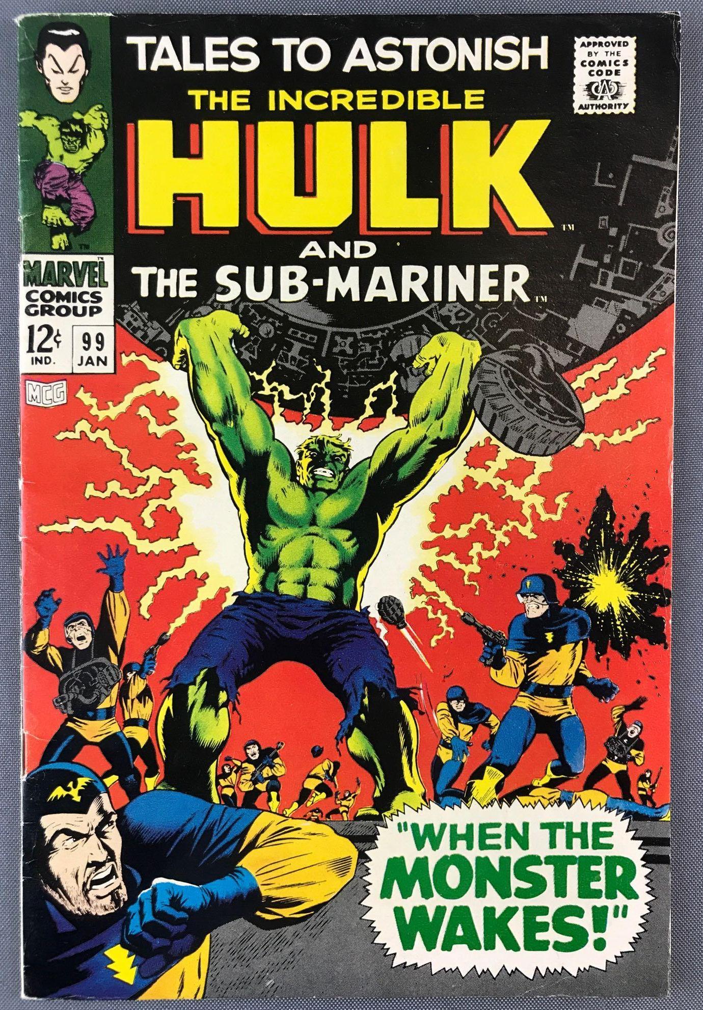 Marvel Comics Tales to Astonish No. 99 Comic Book: 1st Appearance of Warlord Seth, Featuring The Incredible Hulk and Sub-Mariner, January 1968, Silver Age, $.12, bagged and boarded