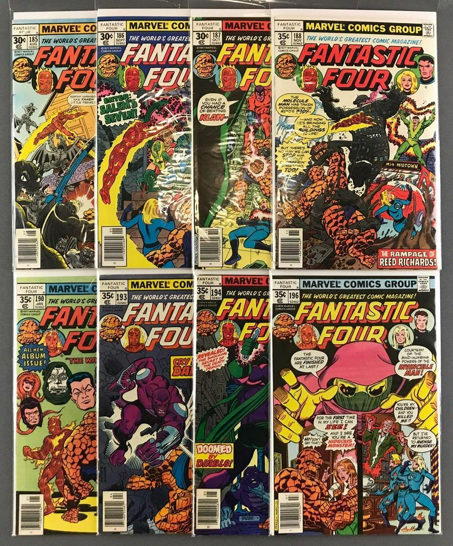 Group of 8 Marvel Comics Fantastic Four Comic Books: Includes No. 185-188, No. 190, No. 193, No. 194, and No. 196, Aug. 1977-July 1978, Bronze Age, bagged and boarded
